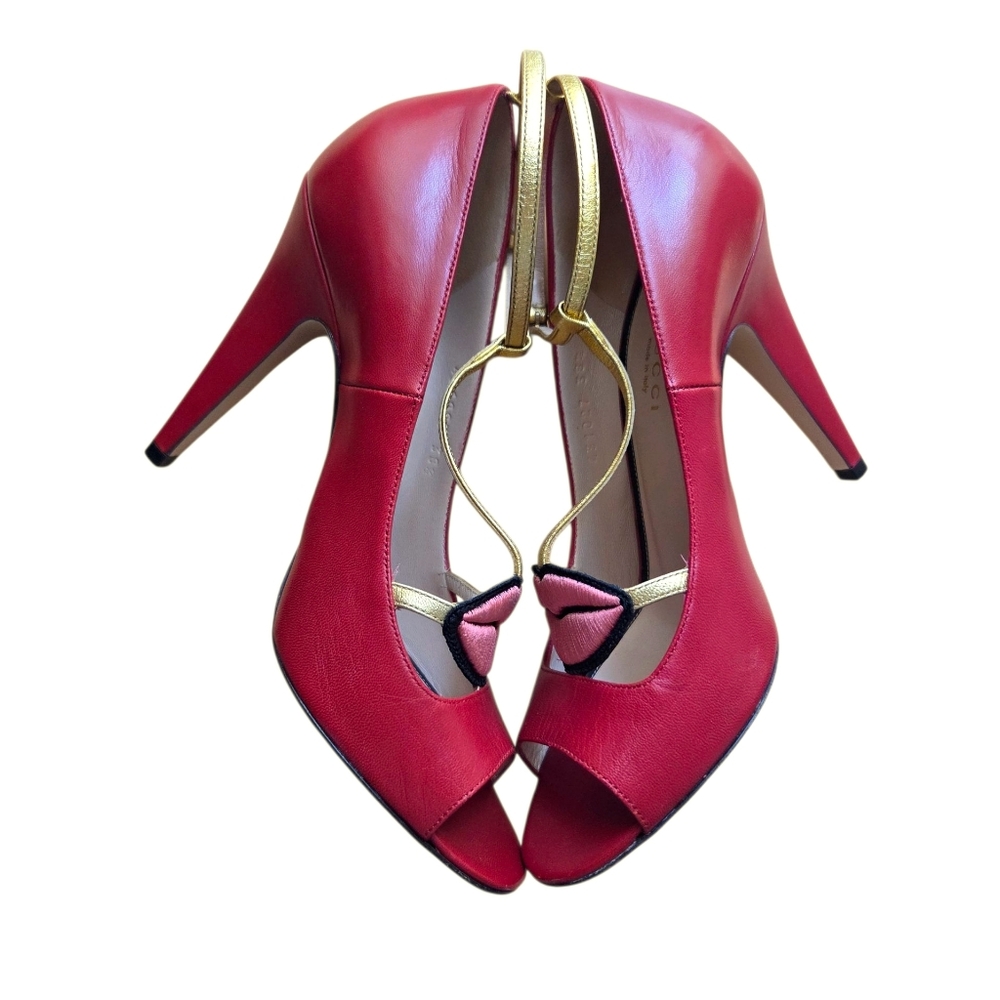 Iconic Gucci Molina Lips T-Strap Heels Red Gold Leather Pumps 38.5 - Picture 11 of 16